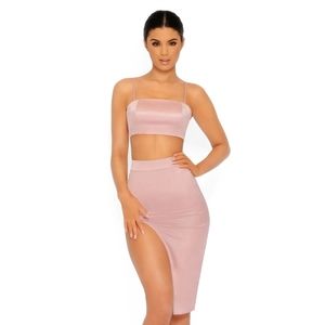 Oh Polly Matching Satin Skirt Set in Blush